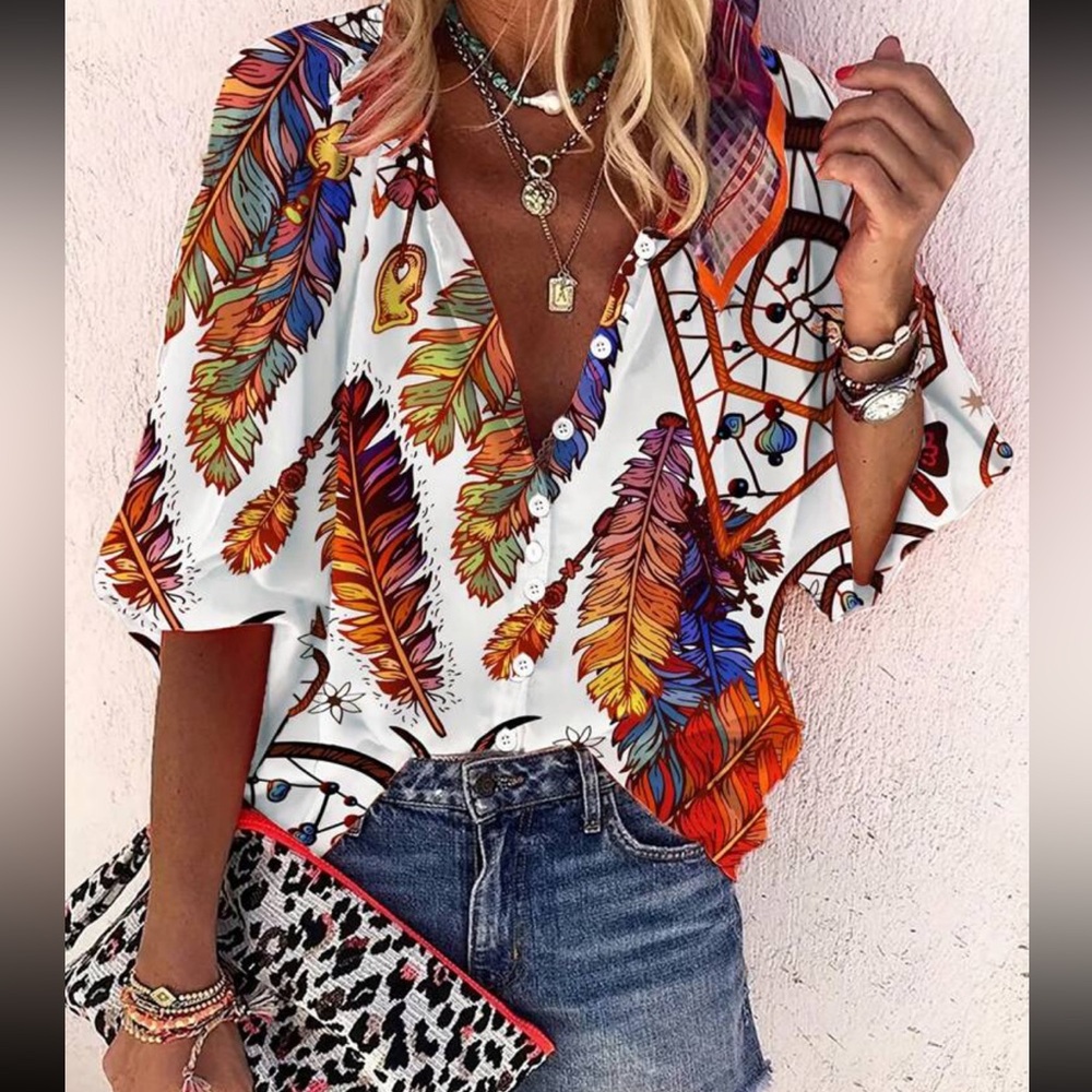 Boho western vintage feather print button down blouse